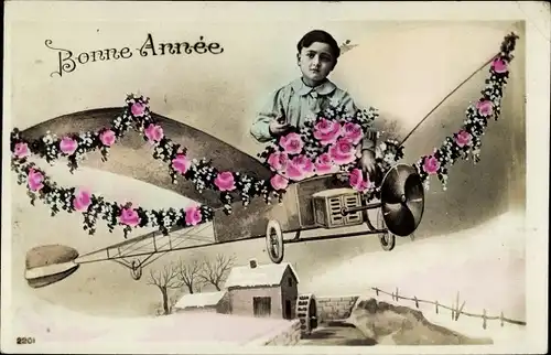 Ak Glückwunsch Neujahr, Junge in einem Flugzeug, Fotomontage