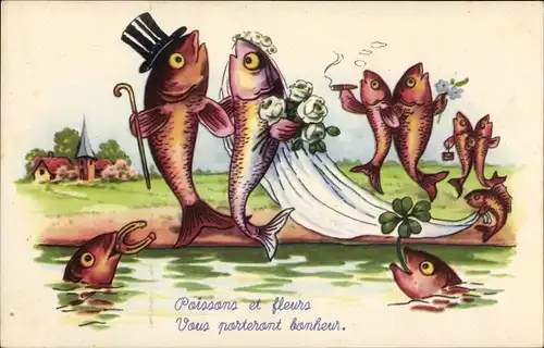 Ak Vermenschlichte Fische, Hochzeit, Brautpaar, Kleeblatt, Hufeisen