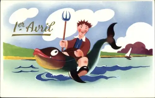 Ak 1. April, Junge mit Dreizack reitet auf einem Fisch