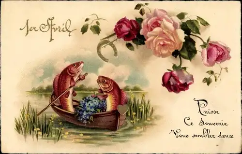 Ak 1. April, Vermenschlichte Fische in einem Ruderboot, Rosen