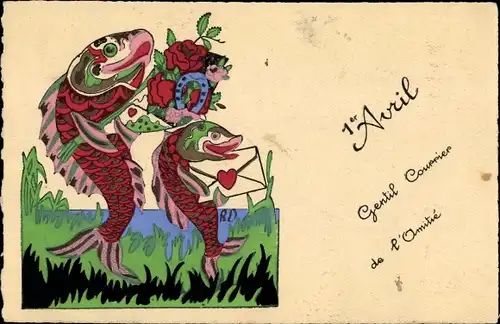 Ak 1. April, Vermenschlichte Fische mit Blumenstrauß und Brief