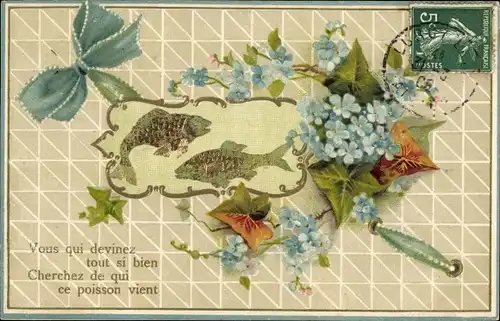 Präge Litho Fische, Vergissmeinnichtblüten, blaue Schleife