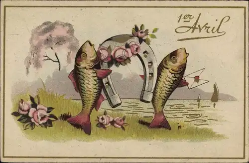 Ak 1. April, Vermenschlichte Fische tragen ein Hufeisen