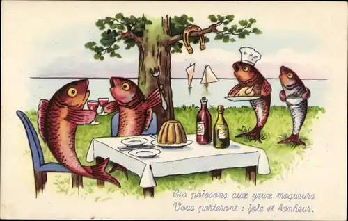 Ak Vermenschlichte Fische im Gasthaus, Kellner, Koch