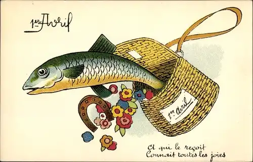 Ak 1. April, Fisch spring aus einem Weidenkorb, Hufeisen