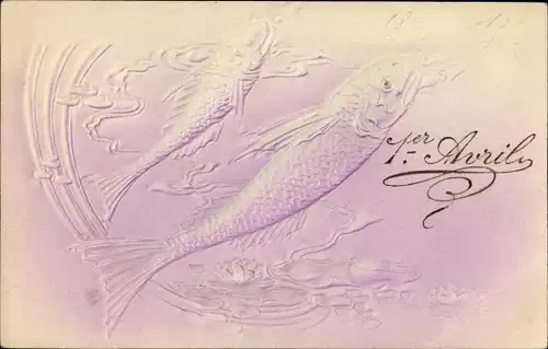 Präge Litho 1. April, Zwei Fische im Wasser