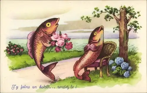 Ak Vermenschlichte Fische, Liebespaar