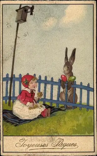 Künstler Ak Glückwunsch Ostern, Osterhase, Ostereier, Kind