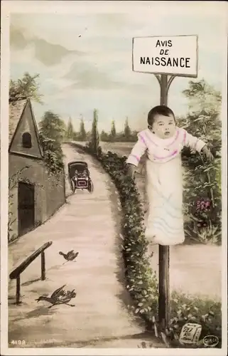Ak Geburt, Baby hängt an einem Schild