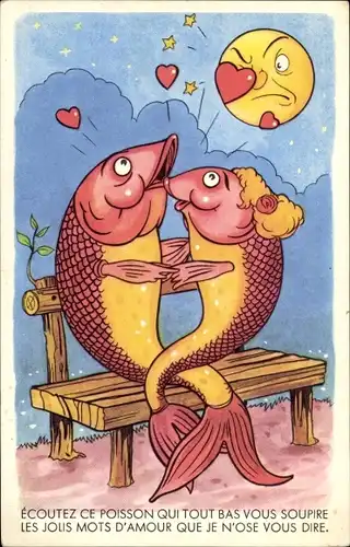 Ak Vermenschlichte Fische, Liebespaar im Mondschein