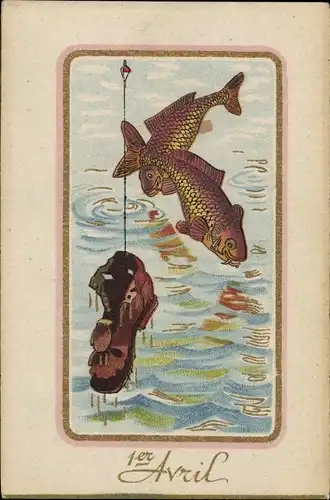 Ak 1. April, 1er Avril, des poissons, une chaussure, la pêche