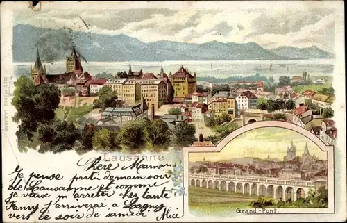 Litho Lausanne Kanton Waadt, Grand Pont, Panorama