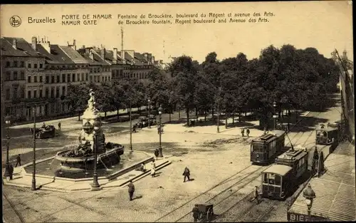 Ak Bruxelles Brüssel, Porte de Namur, Springbrunnen, Straßenbahn