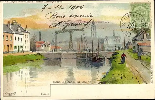Künstler Litho Ranot, F., Mons Wallonien Hennegau, Condé Canal, Zugbrücke