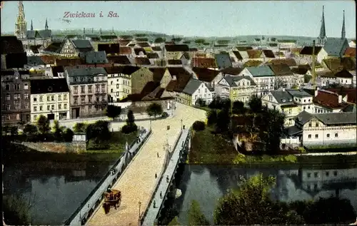 Ak Zwickau in Sachsen, Panorama, Brücke, Kirchtürme
