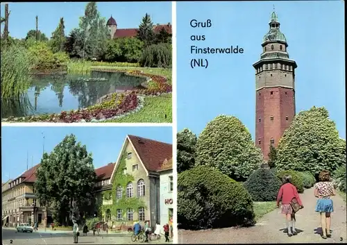 Ak Finsterwalde in der Niederlausitz, Goldfischteich im Stadtpark, Post, Sparkasse, Wasserturm