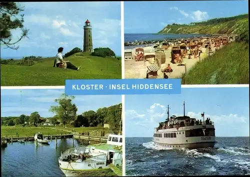 Ak Kloster Insel Hiddensee in der Ostsee, Leuchtturm, Passagierschiff, Strand