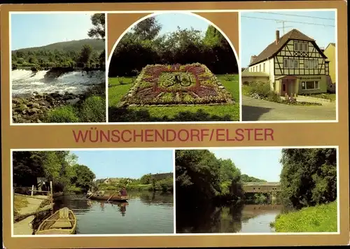 Ak Wünschendorf an der Elster, Elsterwehr, Blumenuhr, Gondelstation, alte Holzbrücke