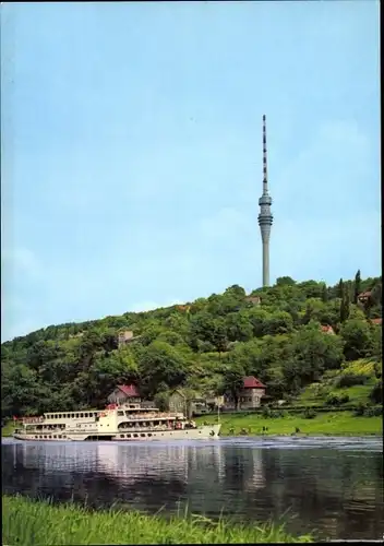 Ak Dresden Wachwitz, Fernsehturm, Dampfer auf der Elbe