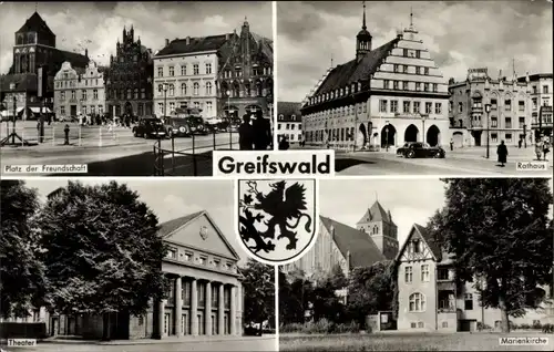 Ak Hansestadt Greifswald, Platz der Freundschaft, Rathaus, Theater, Marienkirche, Wappen