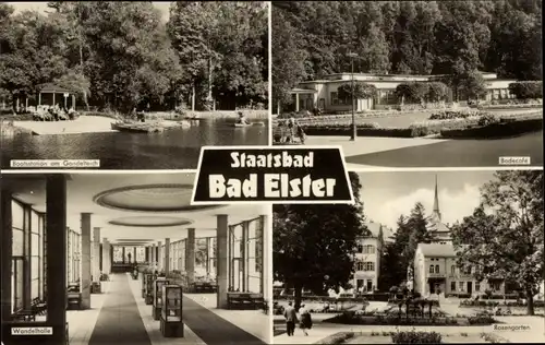 Ak Bad Elster im Vogtland, Bootsstation am Gondelteich, Badecafe, Wandelhalle, Rosengarten