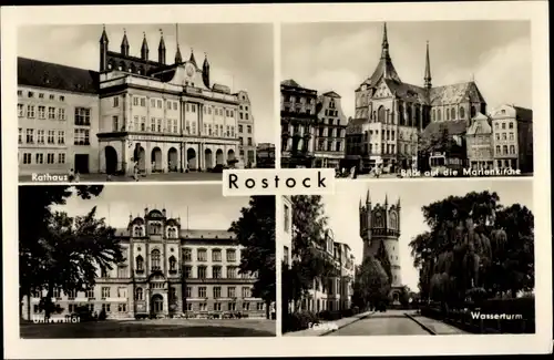 Ak Hansestadt Rostock, Wasserturm, Rathaus, Universität, Marienkirche