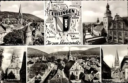 Ak Ettlingen in Baden, Wappen, Rathaus, St. Martins-Kirche, Lauerturm, Herz-Jesu-Kirche, Albtal