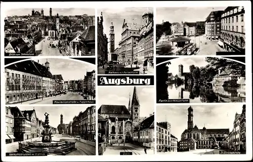 Ak Augsburg in Schwaben, Rathaus, Blick vom Jakobsturm, Wasserturm, Dom, St. Ulrichskirche