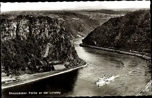 Ak Sankt Goarshausen am Rhein, Loreley, Schiff, Panorama