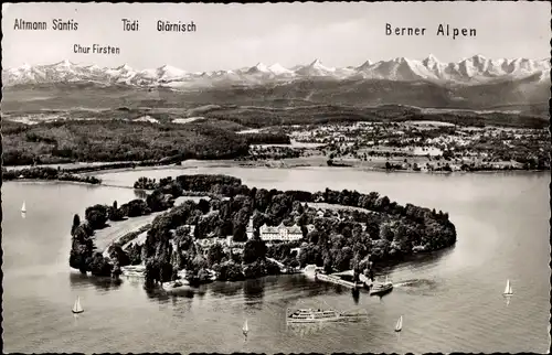 Ak Insel Mainau im Bodensee, Panorama, Berner Alpen, Chur Firsten, Altmann Säntis, Glärnisch, Tödi