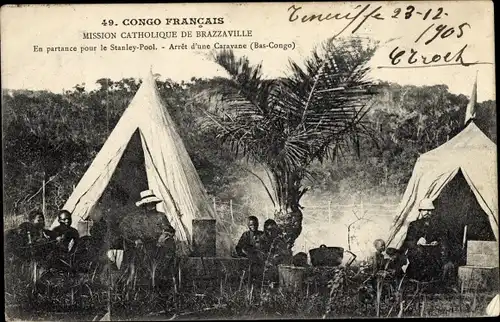 Ak Brazzaville Franz. Kongo, Katholische Mission, Aufbruch zum Stanley Pool, Karawane