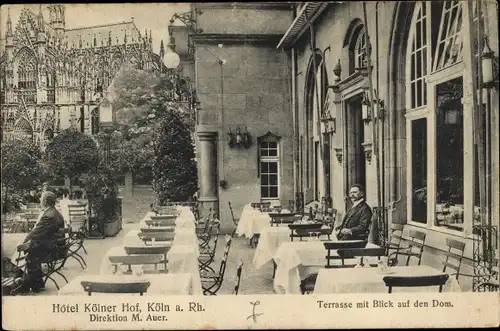 Ak Köln am Rhein, Hotel Kölner Hof, Terrasse mit Domblick