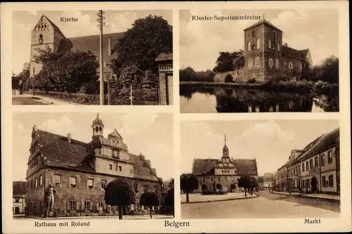 Ak Belgern in Sachsen, Kirche, Rathaus, Roland, Markt, Kloster