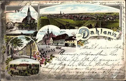 Litho Dahlen in Sachsen, Rathaus, Markt, Bahnhofstraße, Kirche, Schloss, Schule