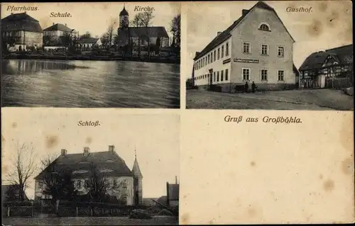 Ak Großböhla Dahlen in Sachsen, Pfarrhaus, Schule, Kirche, Gasthof, Schloss