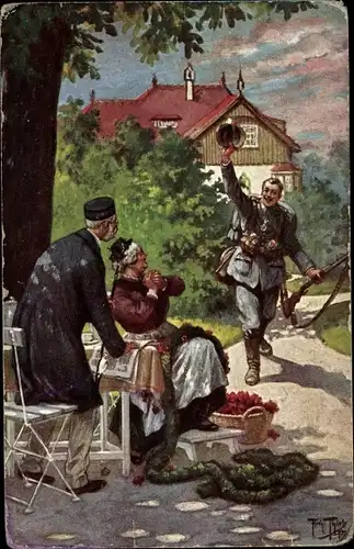 Künstler Ak Thiele, Arthur, Soldat kehrt zurück, Freude, Kranz