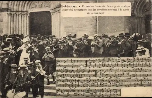 Lied Ak Echternach Luxemburg, Procession dansante, Corps de Musique, Basilique, Marsch Polka