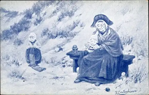 Künstler Ak Gerstenhauer, J. G., Mädchen beim Stricken, Familie, Niederländische Tracht