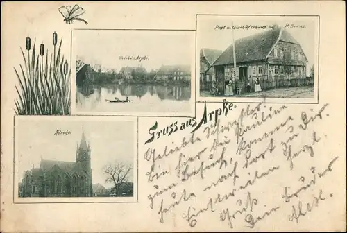 Ak Arpke Lehrte in Niedersachsen, Post und Geschäftshaus, Teich, Kirche