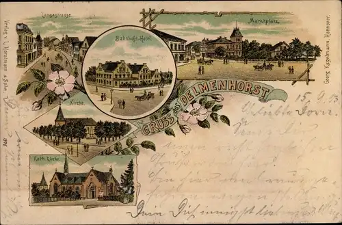 Litho Delmenhorst in Niedersachsen, Marktplatz, Lange Straße, Bahnhofshotel, Katholische Kirche