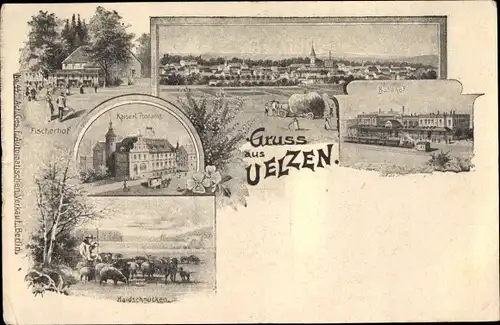 Ak Uelzen in Niedersachsen, Fischerhof, Totale, Bahnhof, Haidschnucken