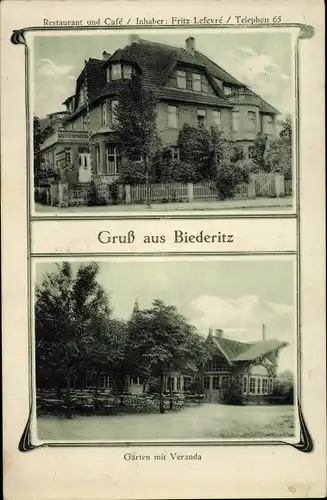Ak Biederitz in Sachsen Anhalt, Restaurant und Café Fritz Lefevré, Gärten mit Veranda, Jugendstil