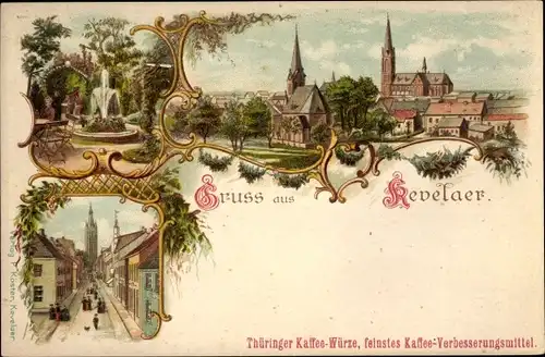 Litho Kevelaer am Niederrhein, Blick auf den Ort, Kirche, Thüringer Kaffee Würze, Reklame