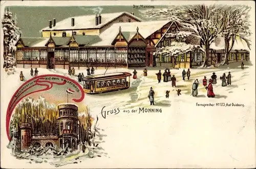 Litho Duisburg im Ruhrgebiet, Gruß aus der Monning, Aussichtsturm auf dem Kaiserberg, Straßenbahn