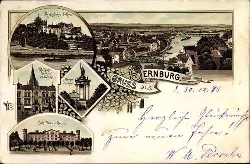 Litho Bernburg an der Saale, Schloss, Rathaus, Kriegerdenkmal, Carlsplatz, Kaserne