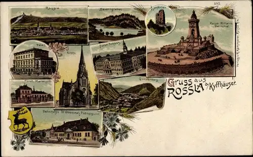 Wappen Litho Roßla Südharz am Kyffhäuser, Kaiser Wilhelm Denkmal, Bauerngraben, Palais, Kirche