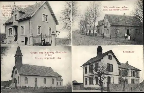 Ak Neuweg Blotzheim Elsass Haut Rhin, Schulhaus, Wirtschaft zum Adler, Kirche, Bäckerei