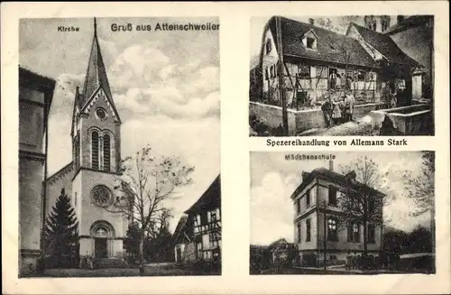 Ak Attenschwiller Attenschweiler Elsass Haut Rhin, Spezereienhandlung, Mädchenschule, Kirche