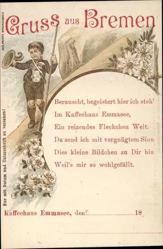 Litho Hansestadt Bremen, Kaffeehaus Emmasee, Junge, Edelweiß