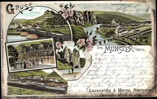 Litho Bad Münster am Stein Ebernburg, Kurbrunnen, Blick auf den Ort